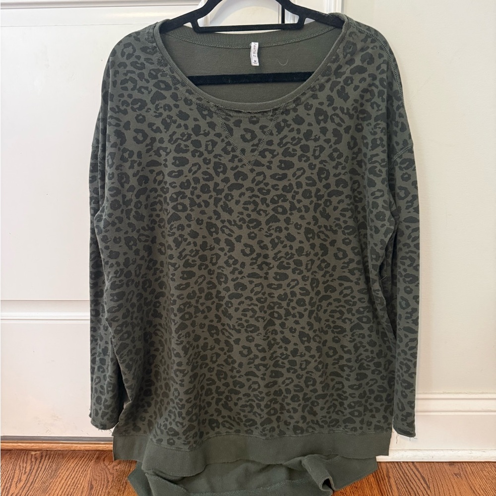 Z Supply Olive Leopard Print Top. High/ Low. Slits on side. Size Medium